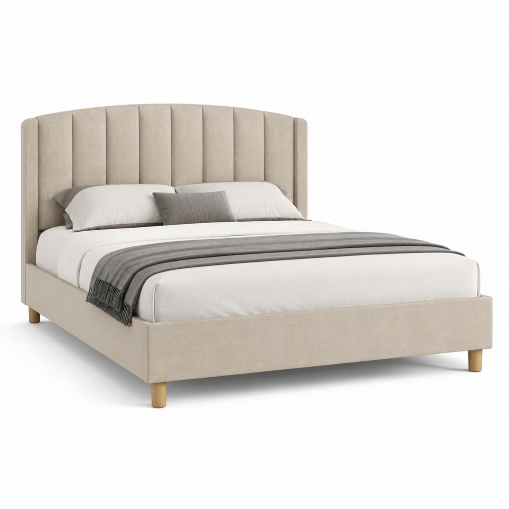 Letto matrimoniale imbottito beige in poliestere con testiera curva 160 x 200 cm