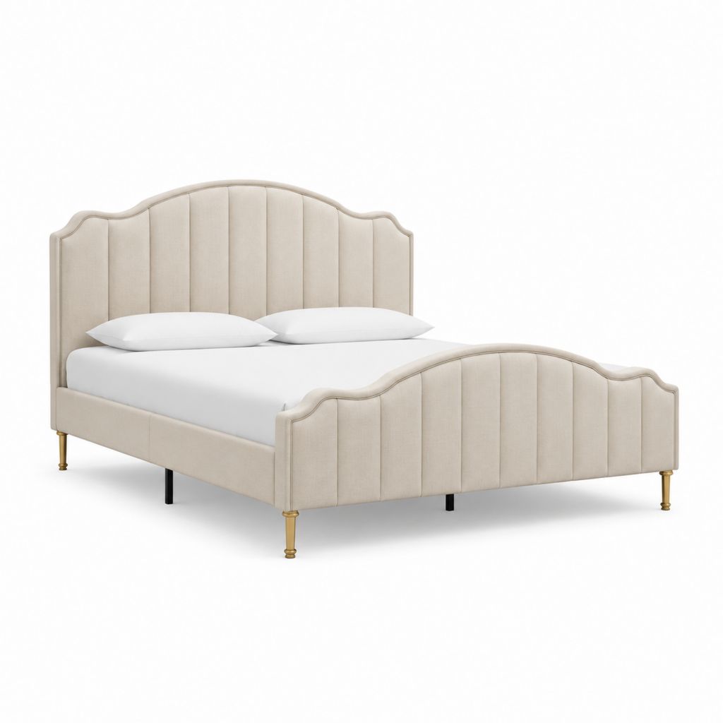 Letto matrimoniale beige in velluto di poliestere con testiera e pediera sagomate 160 x 200 cm