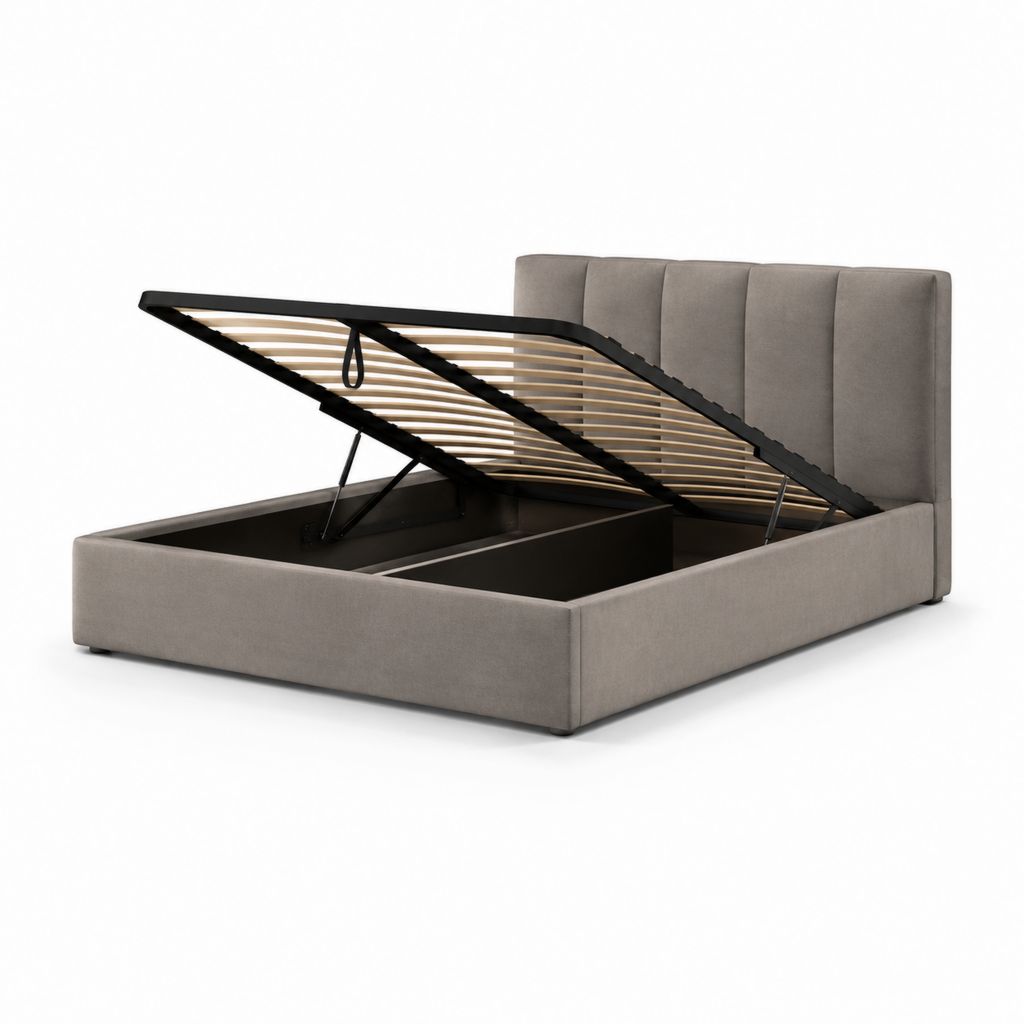 Letto contenitore matrimoniale grigio in poliestere con testiera imbottita 160 x 200 cm