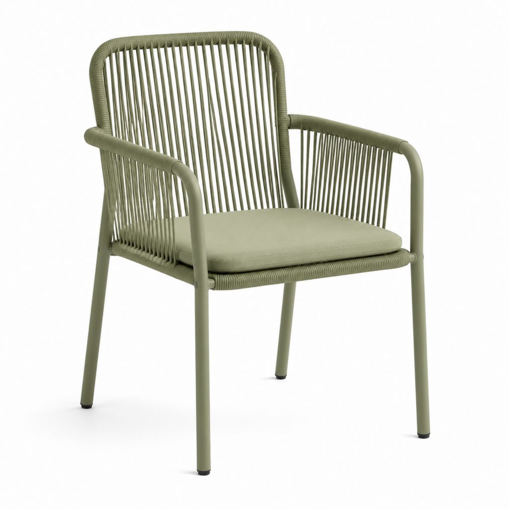 Sedia da giardino con braccioli verde oliva in acciaio e corda sintetica 58 x 62 x 80 cm