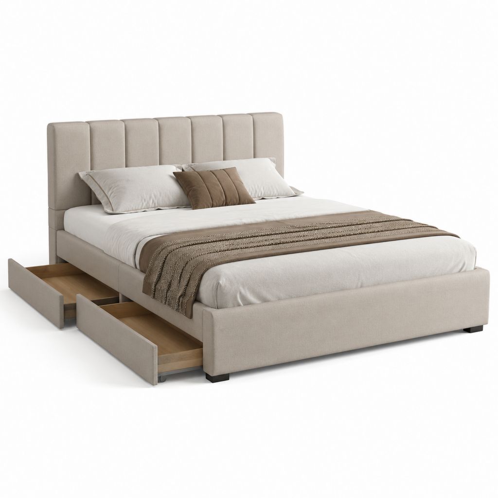 Letto contenitore matrimoniale 160 x 200 cm beige in poliestere con 2 cassetti