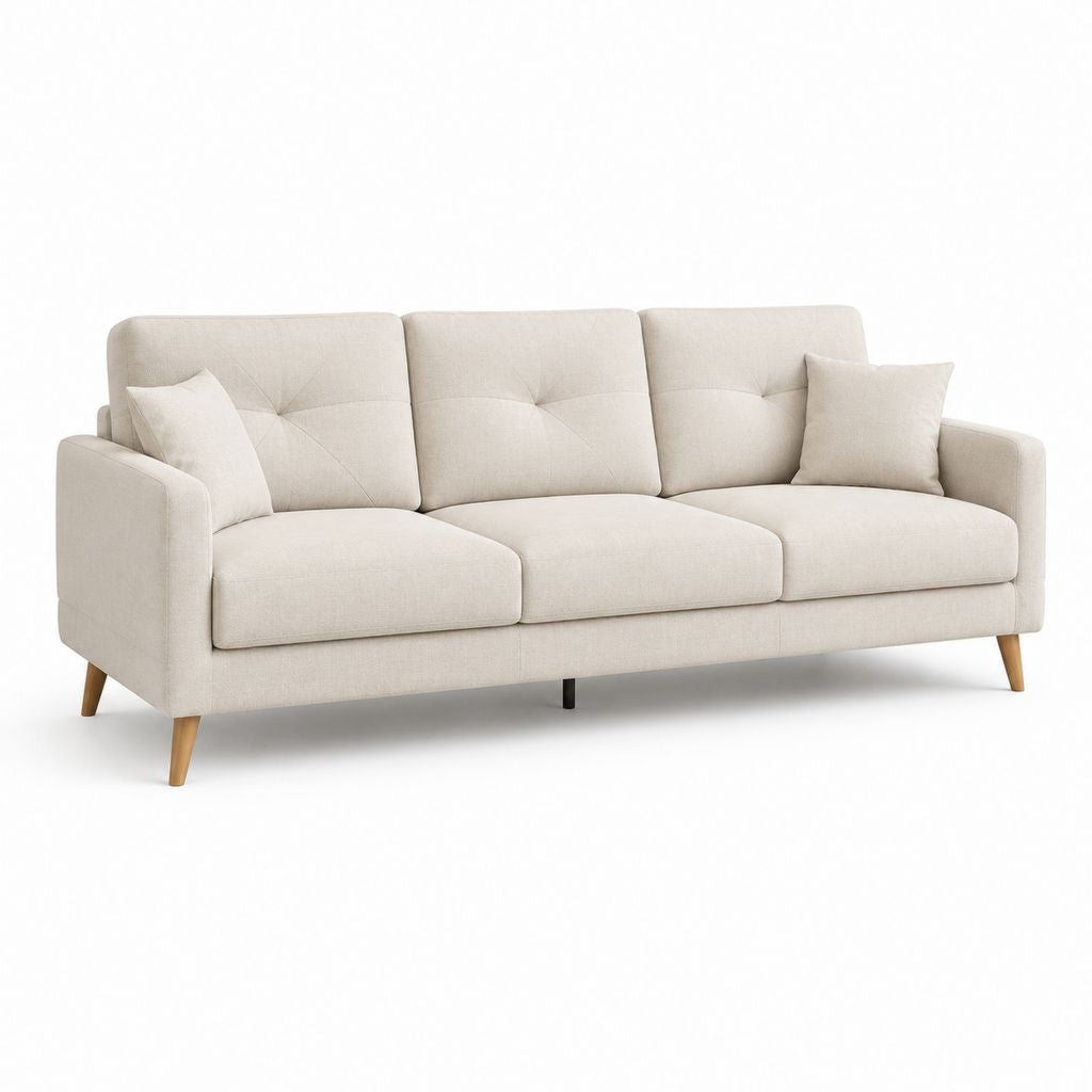 Divano 3 posti rettangolare beige in poliestere con gambe in legno massello 210 x 88 x 85 cm