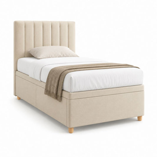 Letto singolo imbottito beige in poliestere con testiera verticale 90 x 200 cm