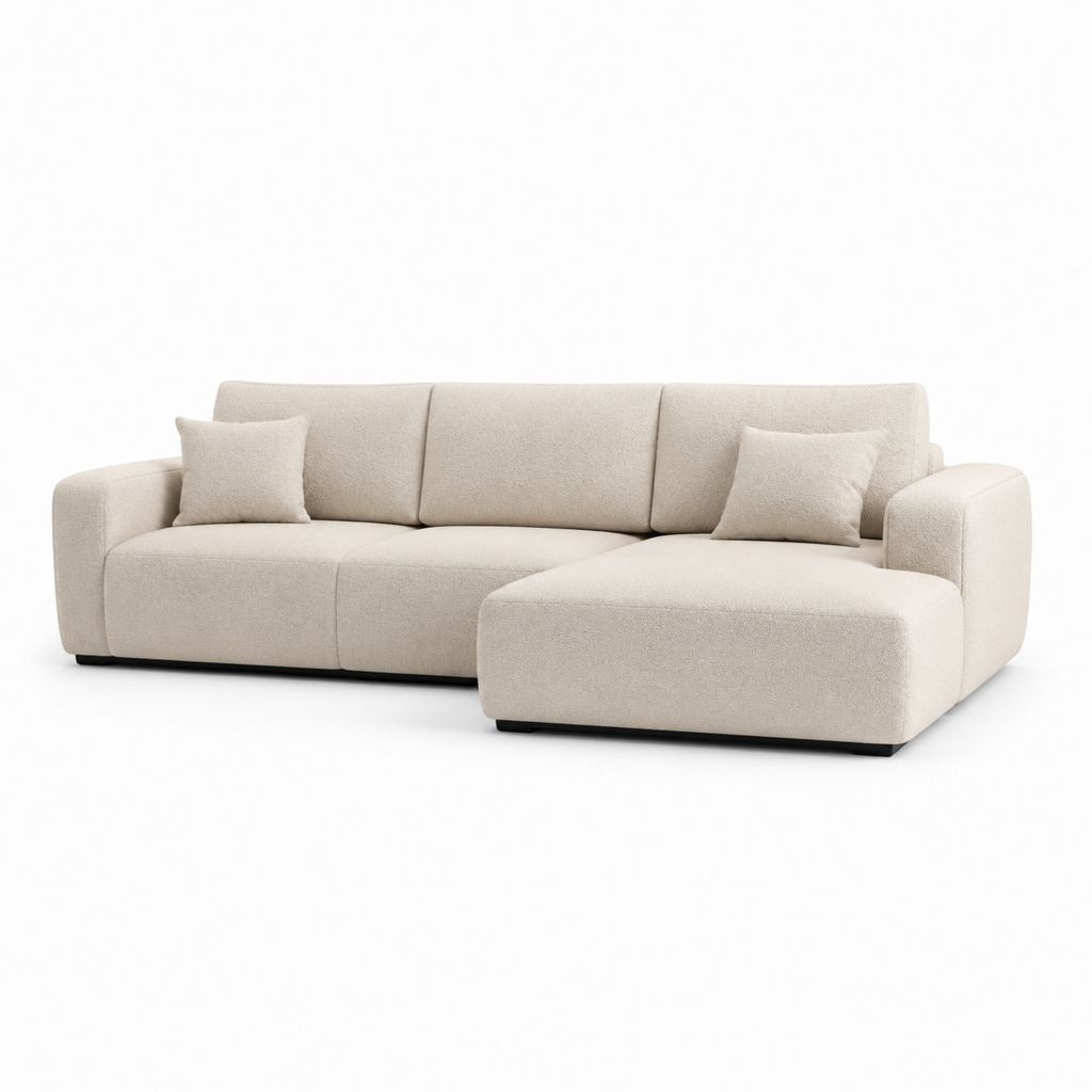 Divano angolare 3 posti con penisola destra avorio in poliestere bouclé 280 x 170 x 85 cm