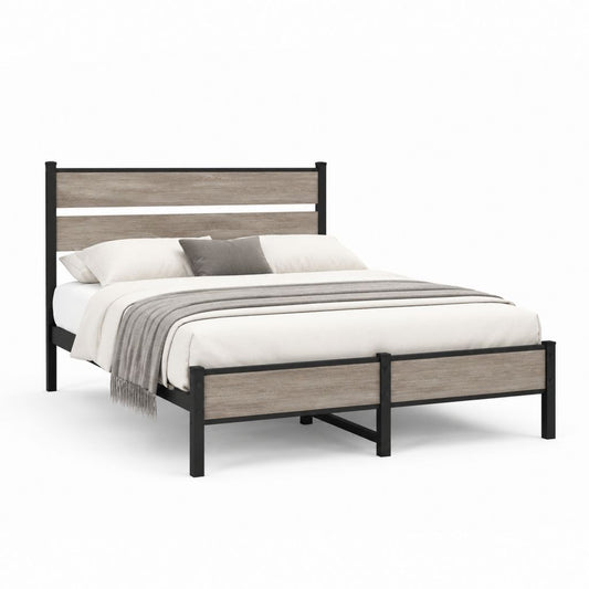 Letto matrimoniale con struttura in acciaio nero e pannelli MDF effetto rovere grigio 160 x 200 cm