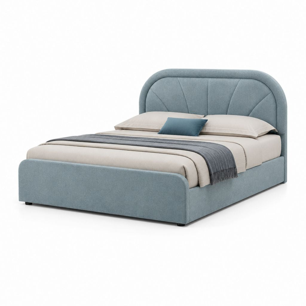 Letto matrimoniale imbottito azzurro in poliestere 160 x 200 cm con testiera arrotondata