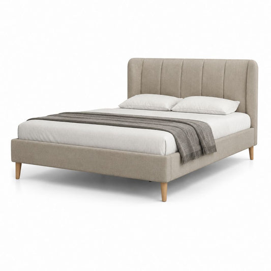 Letto matrimoniale imbottito beige in poliestere con gambe in legno massello 160 x 200 cm