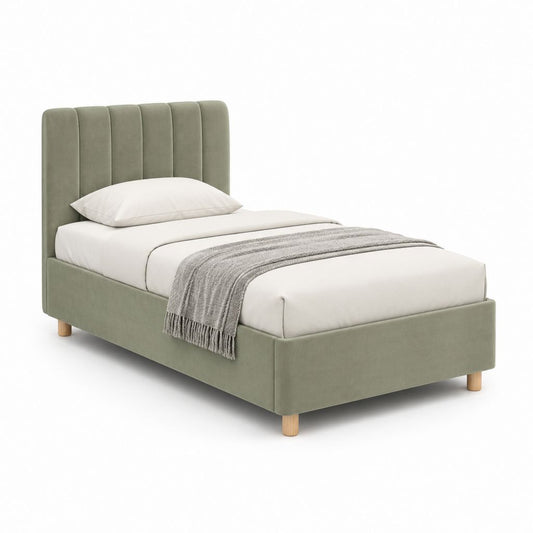 Letto singolo rettangolare imbottito verde salvia in poliestere effetto velluto 90 x 200 cm