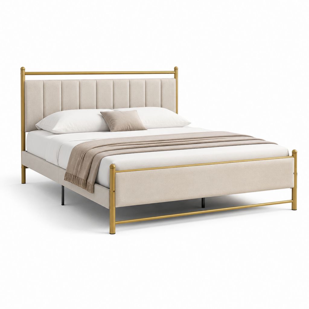 Letto matrimoniale 160x200 cm beige con struttura in acciaio dorato e testiera imbottita