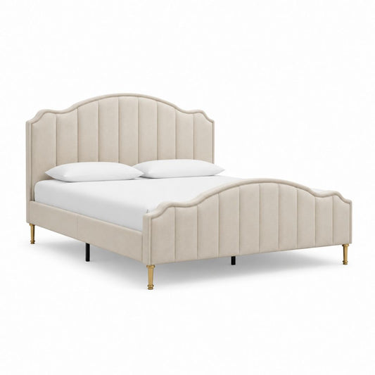 Letto matrimoniale beige in velluto di poliestere con testiera e pediera sagomate 160 x 200 cm