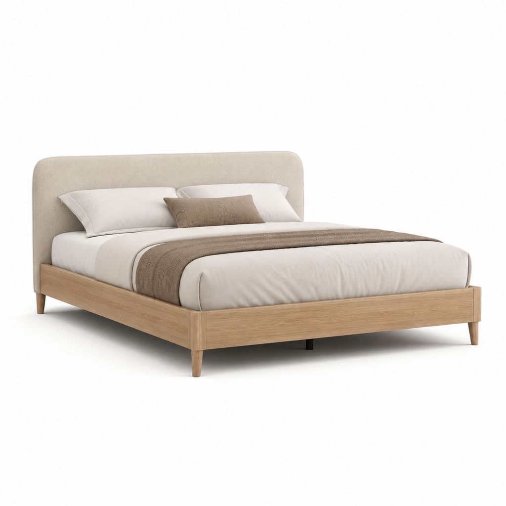 Letto matrimoniale con testiera imbottita beige struttura effetto rovere 160 x 200 cm