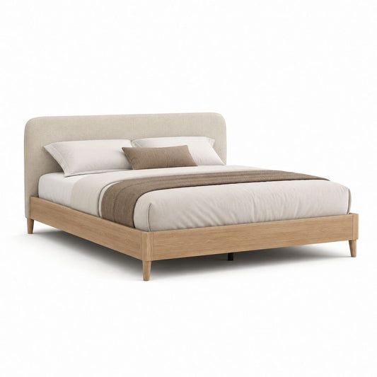 Letto matrimoniale con testiera imbottita beige struttura effetto rovere 160 x 200 cm