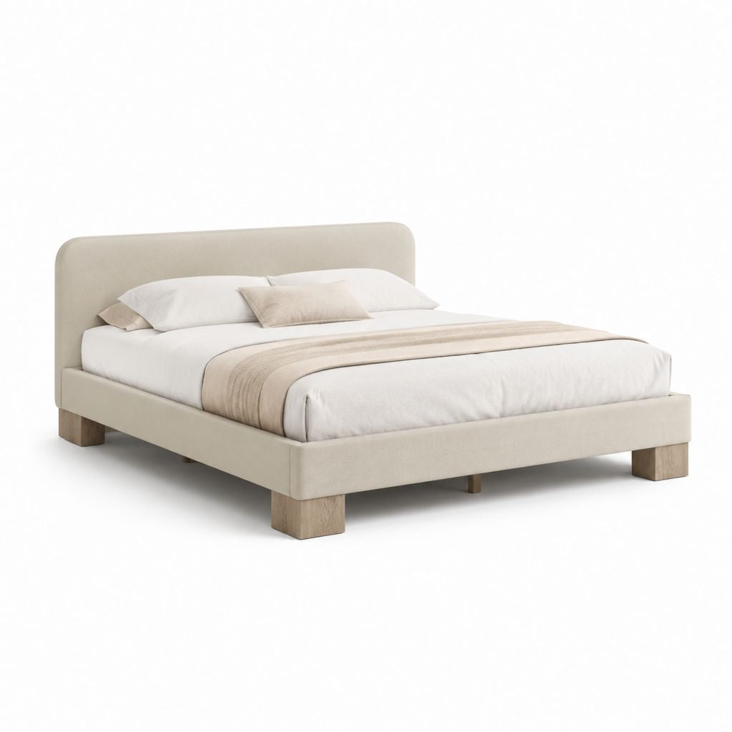 Letto matrimoniale rettangolare beige in poliestere con piedi in legno massello 160 x 200 cm
