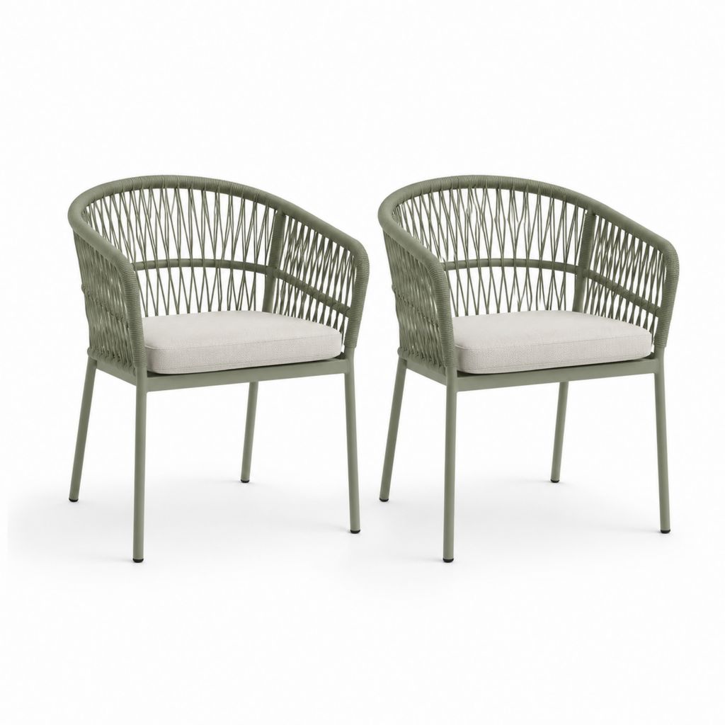 Set 2 sedie da giardino verdi in acciaio e corda in polipropilene con cuscini 56 x 60 x 78 cm