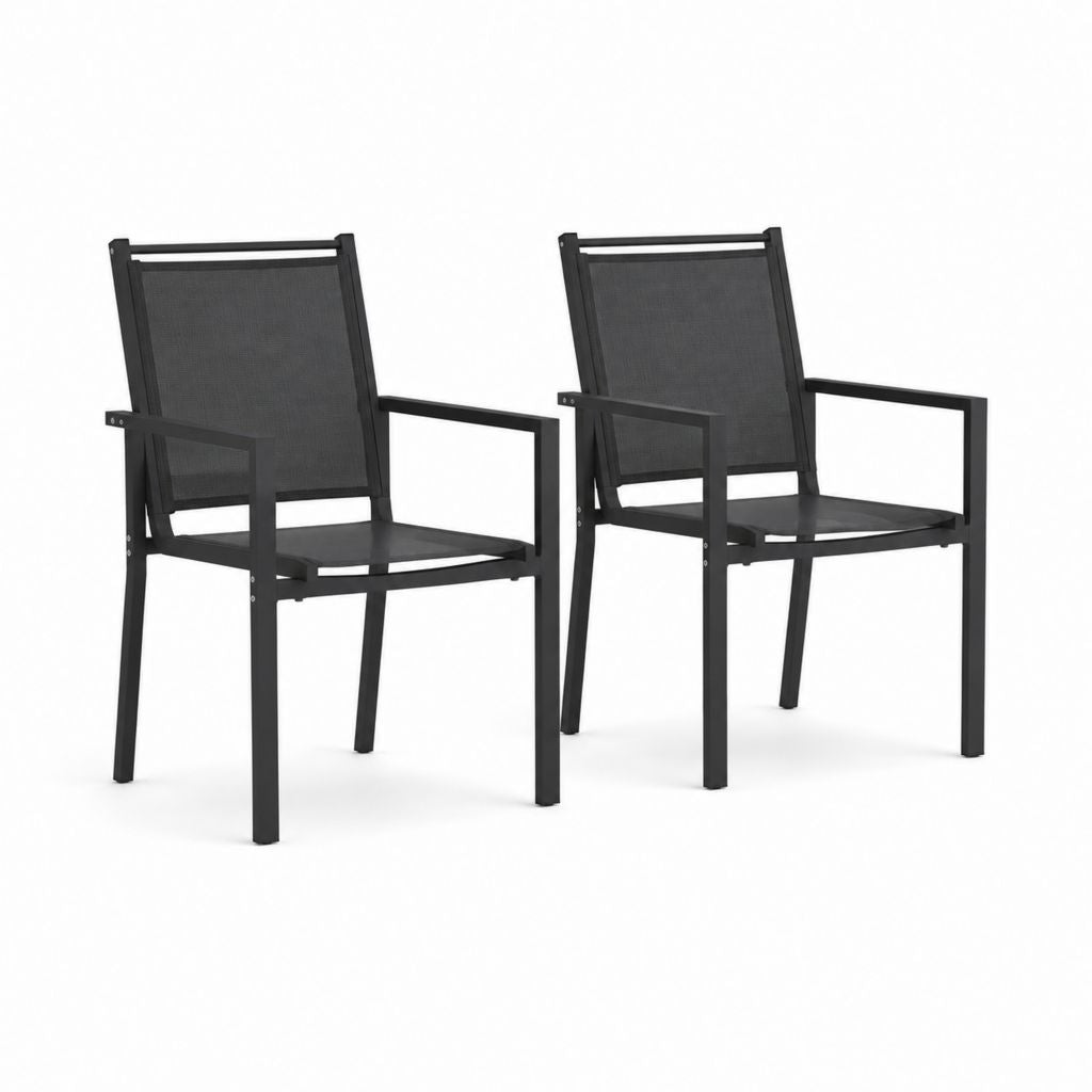 Set 2 sedie da giardino con braccioli nere in acciaio e textilene 54 x 65 x 91 cm