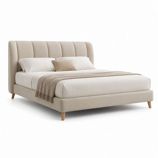 Letto matrimoniale imbottito beige in poliestere con testiera alta 175 x 215 x 120 cm
