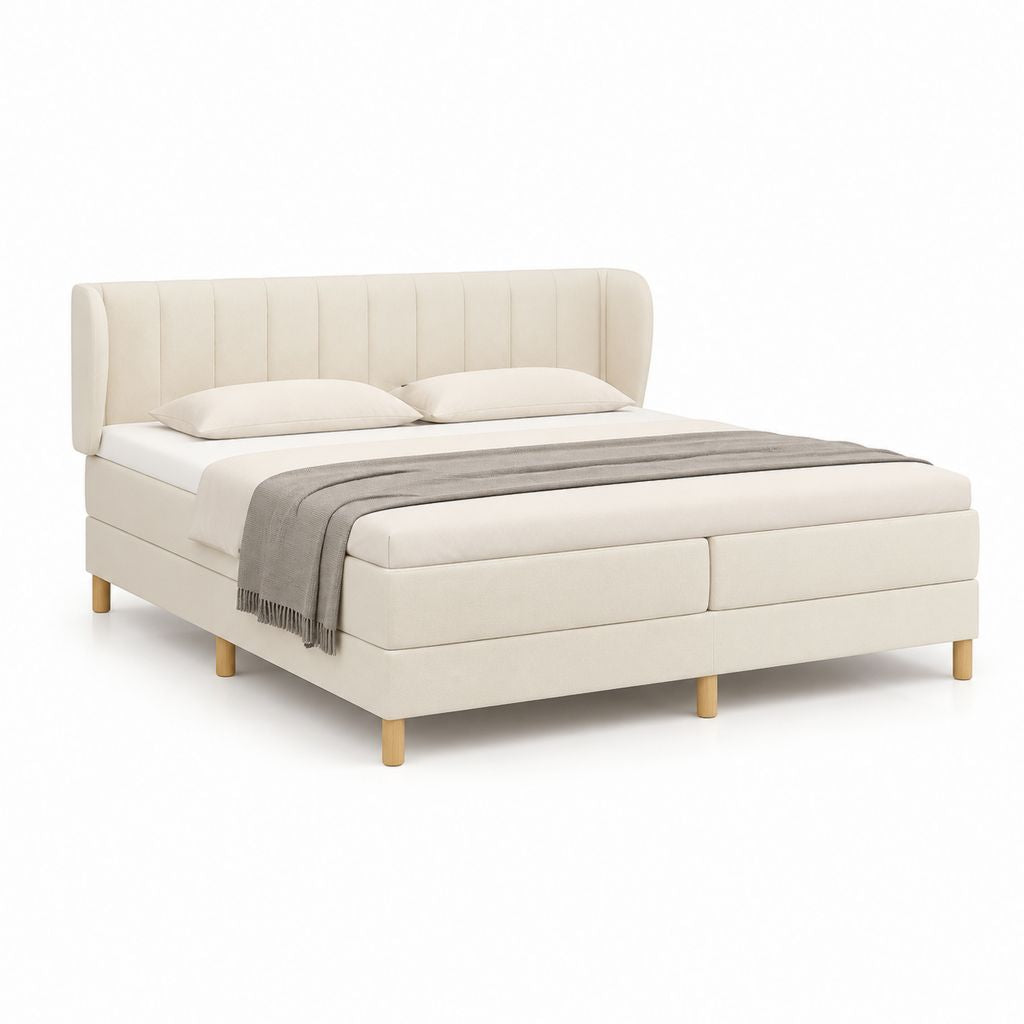 Letto matrimoniale imbottito beige in poliestere con testiera curva 160 x 200 cm