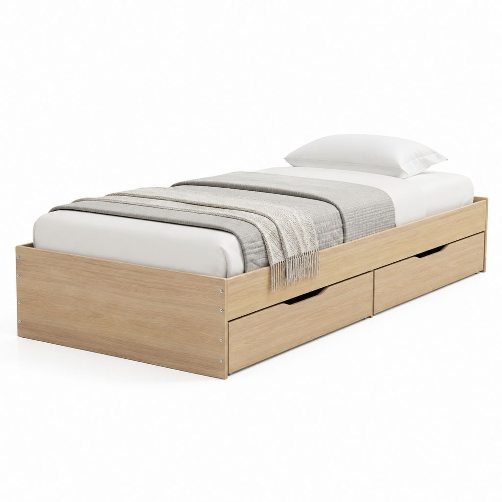 Letto singolo con 2 cassetti rovere chiaro in pannello truciolare 90 x 200 cm