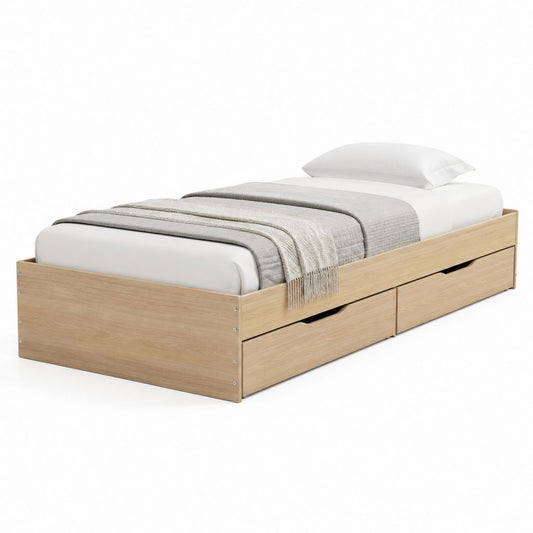 Letto singolo con 2 cassetti rovere chiaro in pannello truciolare 90 x 200 cm