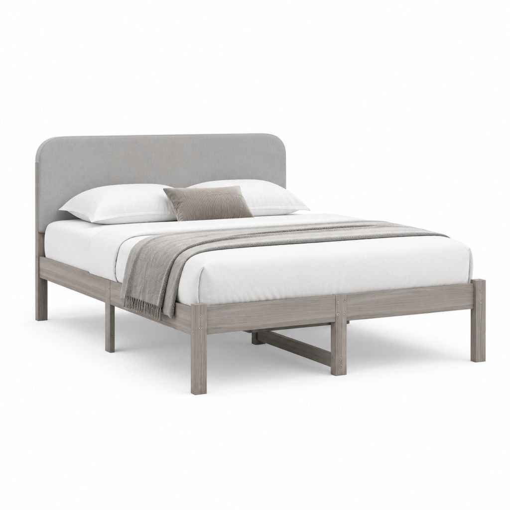 Letto matrimoniale 160 x 200 cm grigio in legno massello con testiera imbottita
